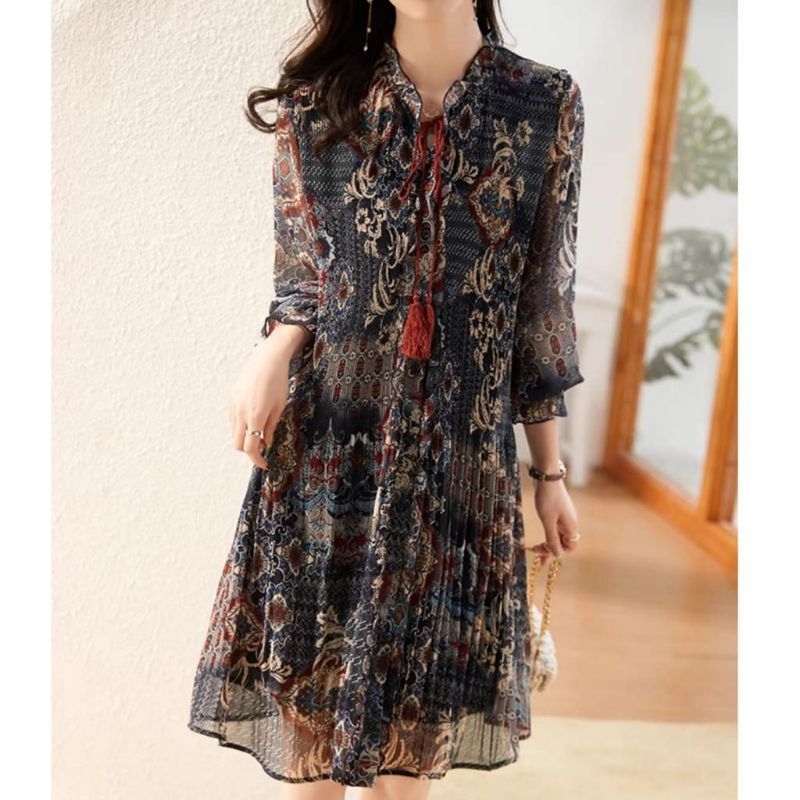 18128 Baju minidress DEMONNA PLEATED PLISKET LOOSE mini dress lengan 3/4 dres Korea Korean style wan
