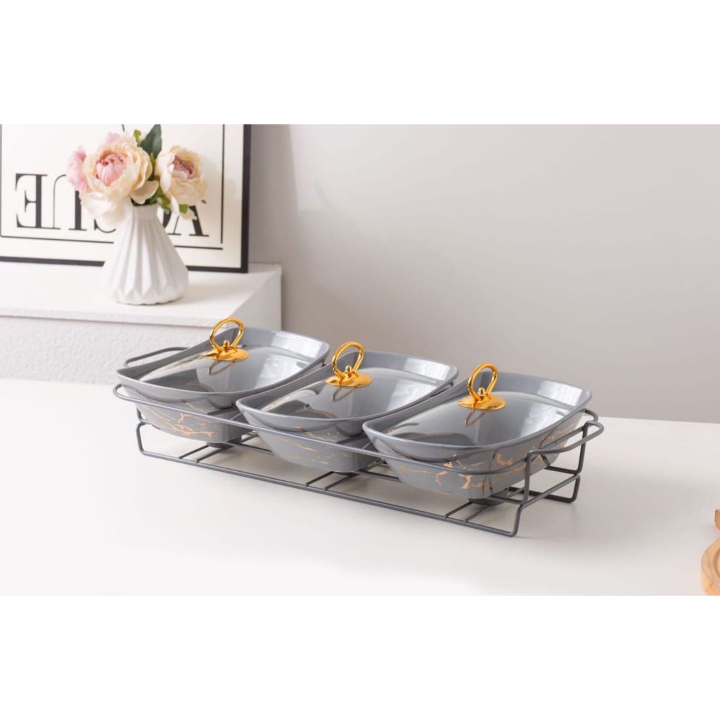 Thiba Thiba Collection- Wadah Sayur Saji Set Susun 3 Bahan Keramik Motif Marble Cantik Estetik