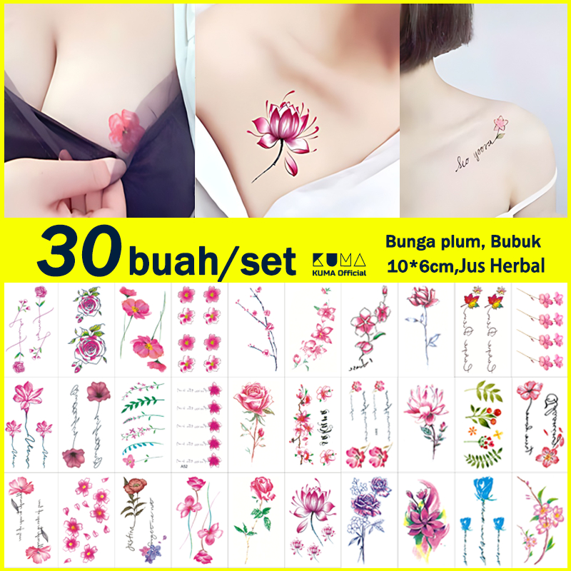 KUMA-TATTOO 30PCS/Set Tatto Temporer Bunga berwarna, Tato temporary Flowers Stiker Tato Halal Dewasa