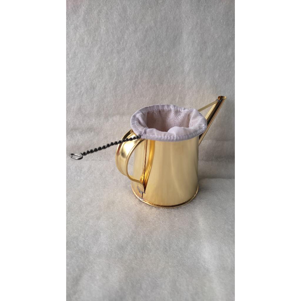 Teko Kopi Kuningan Tembaga Kecil /  Teko Kopitiam Kecil - Gratis Kain saringan