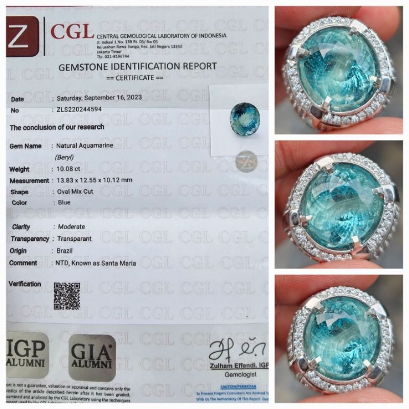 Natural Santa Maria Blue Aquamarine Brazil Sertifikat 10.08 crt