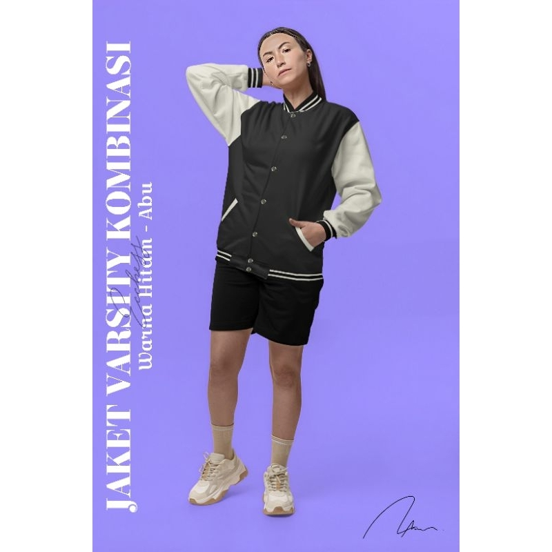 Jacket Varsity kombinasi Abu Hitam polos pria/wanita Bisa COD