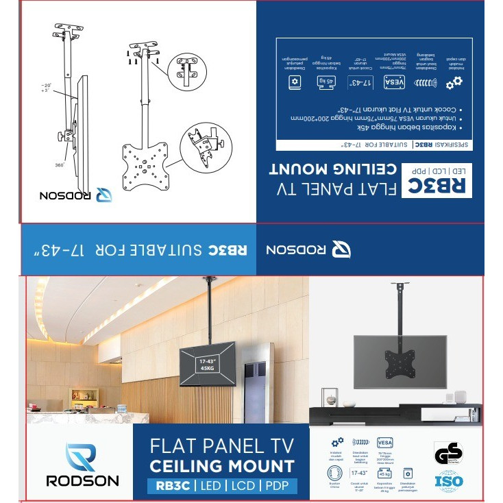 Bracket TV Gantung RODSON RB3C Ceiling Mount Flat Panel TV Monitor LED LCD 32"-43" Inch