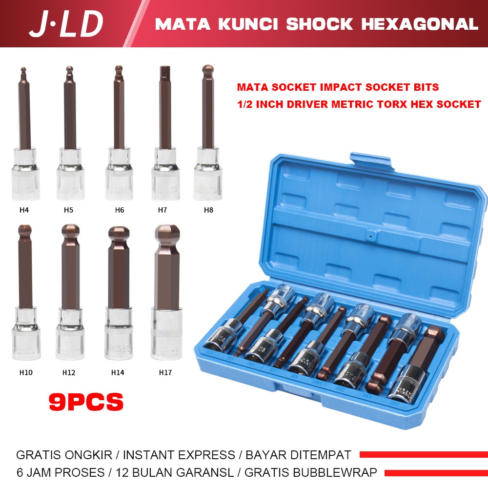 JLD 1/2 Inch Driver boal Metric Torx Hex Socket 9PC Mata Socket Impact Socket Bits Set Bit Hex Bola 