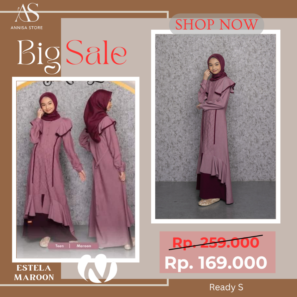 PROMO BIG SALE AKHIR TAHUN BAJU NIBRAS GAMIS REMAJA ESTELA TEEN MAROON | BAJU DRESS GAMIS REMAJA