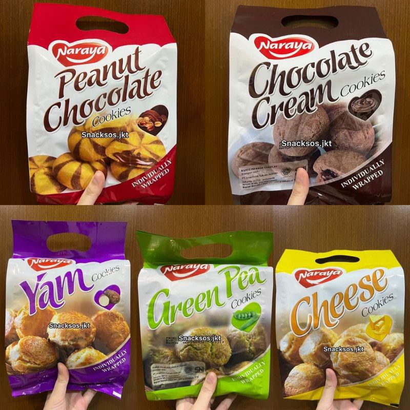 

NARAYA COOKIES PEANUT CHOCOLATE / YAM / GREEN PEA / CHOCOLATE CREAM / CHEESE COOKIE 280g