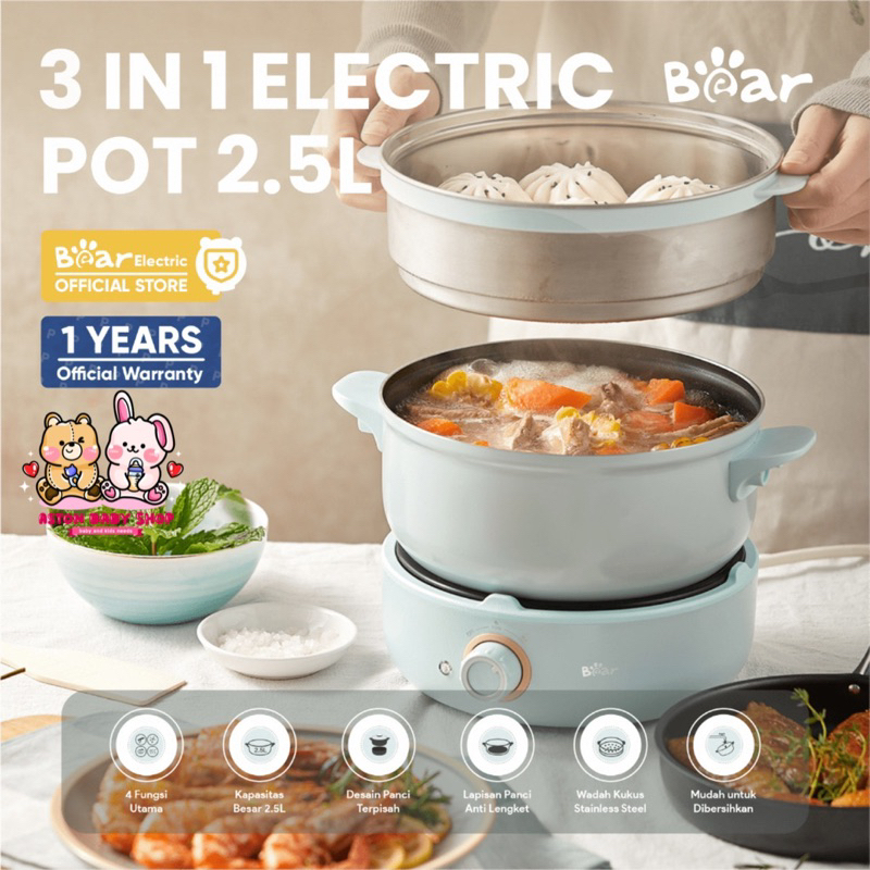 Bear 3in1 Electric Pot 2,5 L Panci/Penggorengan Elektrik Alat Masak Portable Travelling