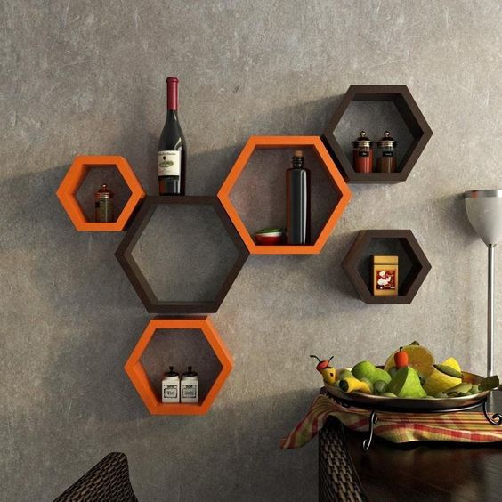 RAK DINDING AESTHETIC MINIMALIS, HIASAN DINDING KAYU RAK DINDING KAYU HEXAGONAL, HIASAN DINDING