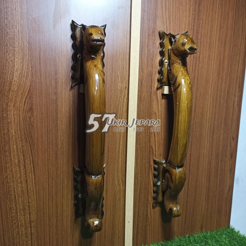 (Melengkung 35) Tarikan Handel pintu rumah model kepala rusa bahan kayu jati ukir jepara