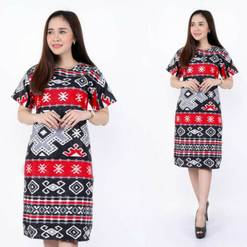 BAJU DRESS WANITA MODERN MODEL TERBARU MOTIF BATIK LENGAN PENDEK DRESS NATAL