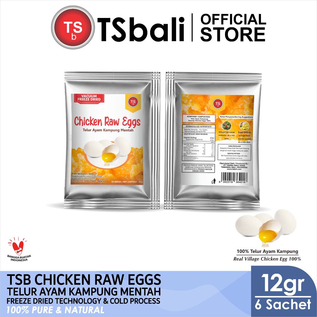 

TSb Chicken Raw Eggs / Telur Ayam Kampung Mentah Freeze Dried 12gr x 6 Sachet