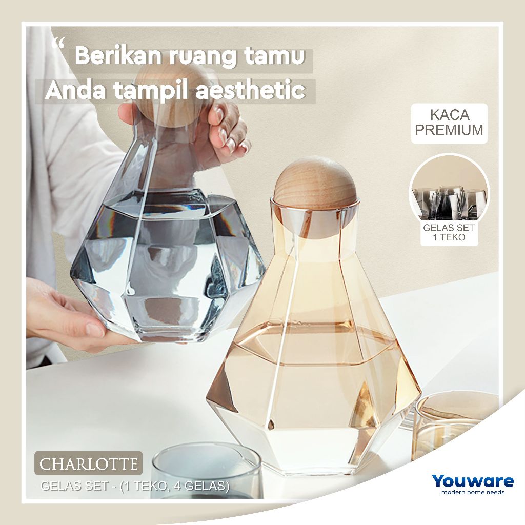 Youware - Charlotte Teko Set Gelas 1 Set / Teko Air Minum / Teko Transparan Kaca Tahan Panas