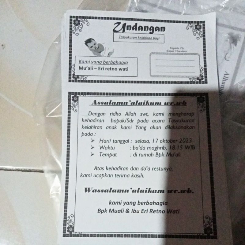 

undangan tasyakuran murah kertas HVS,,undangan tasyakuran kelahiran bayi