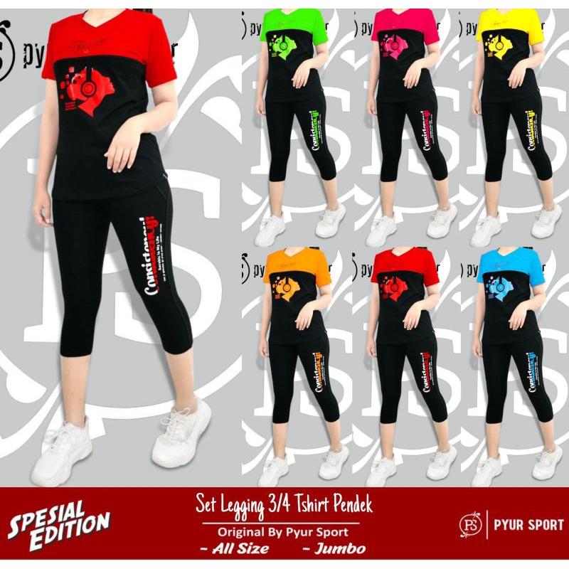 pyur sport, setelan leging 3/4 dgn baju pendek dasar hitam kombinasi warna UkuranL : Allsize bb40-70