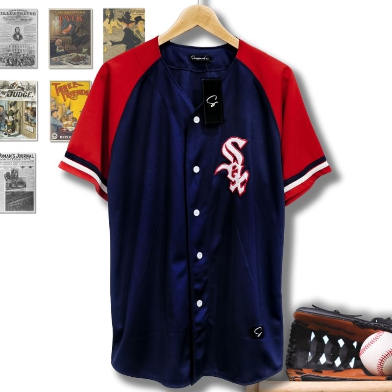 Baju Sport Jersey baseball sox navy lengan merah Pria Wanita