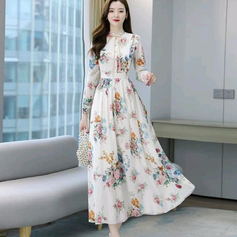96660 Baju maxidress longdress FLORAL MAXI DRESS lengan panjang motif bunga putih dres Korea Korean 