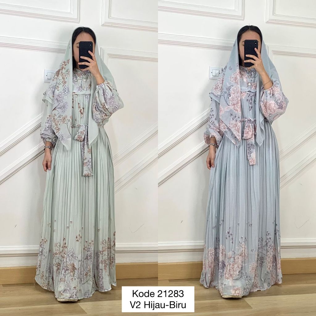 21283 LONG MAXI PLISKET MEI JIE WANG VARIASI MOTIF FULL PRINT TIGA BUTTON DEPAN FREE OBY DAN SCARF P