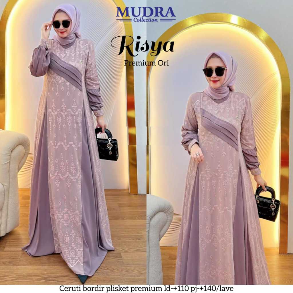[LD 110] RISYA DRESS GAMIS WANITA PESTA BAHAN CERUTY BORDIR PLISKET PREMIUM ORI BY MUDRA HIJAB || AB