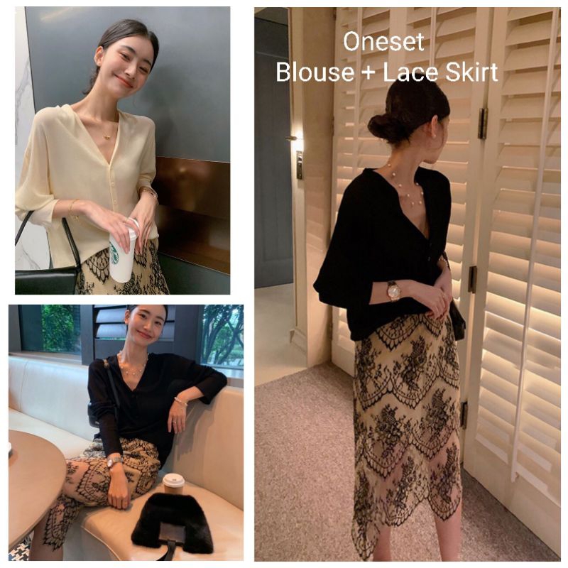 setelan rok midi blouse oversized rok brokat tf7050