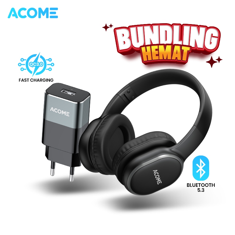 ACOME  Bundling Headphone Tune H2 Bluetooth 5.3 + Charger AC01 3a Fast Charging Original - Garansi R