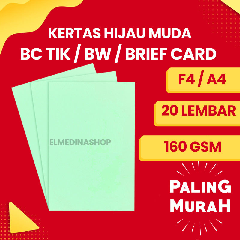 

20 Lembar Kertas Warna Hijau Muda BC Tik / Manila / BW / Brief Card F4 & A4 Gramasi Tebal 160 Gsm Untuk Ketrampilan Origami Kupon Kartu Nama Undangan Absensi Sampul Cover Buku