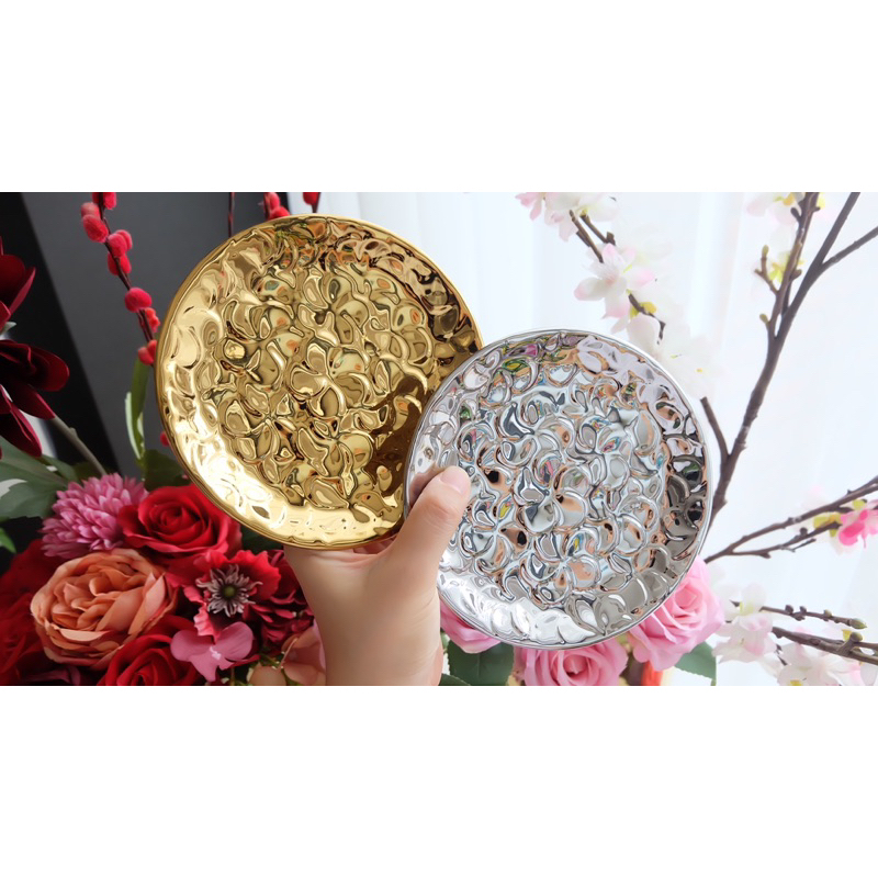 Piring Kue / Dessert Sultan Keramik Emas / Gold Motif Bunga / Piring Dessert Estetik Mewah / Piring 