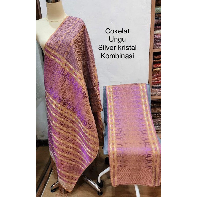 Songket Medan Tumtuman Tanpa Sambungan Exclusive Cokelat Ungu Silver Kristal Kombinasi