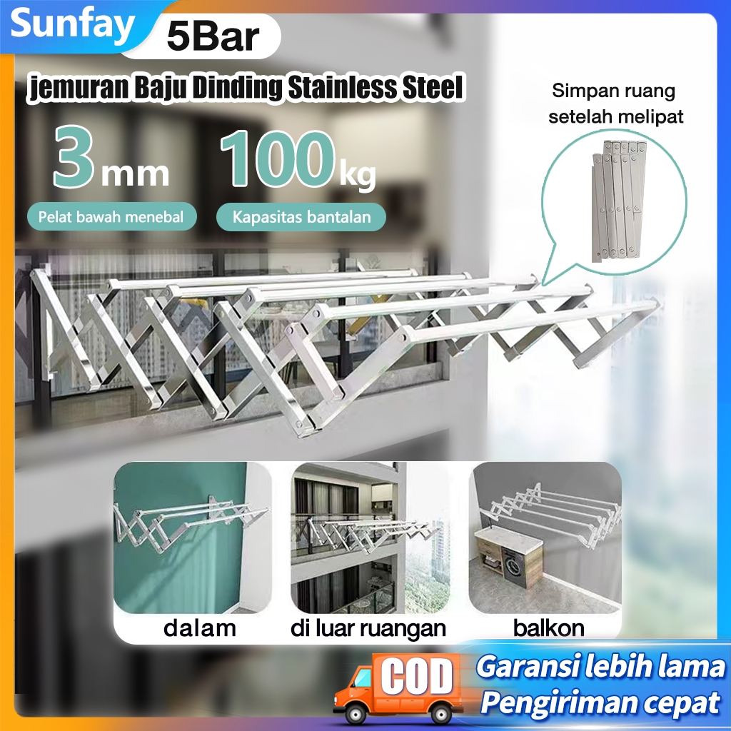 200cm Jemuran Baju Dinding Lipat Anti Karat Stainless Steel Pakaian Single Jemuran Lipat Stainless S