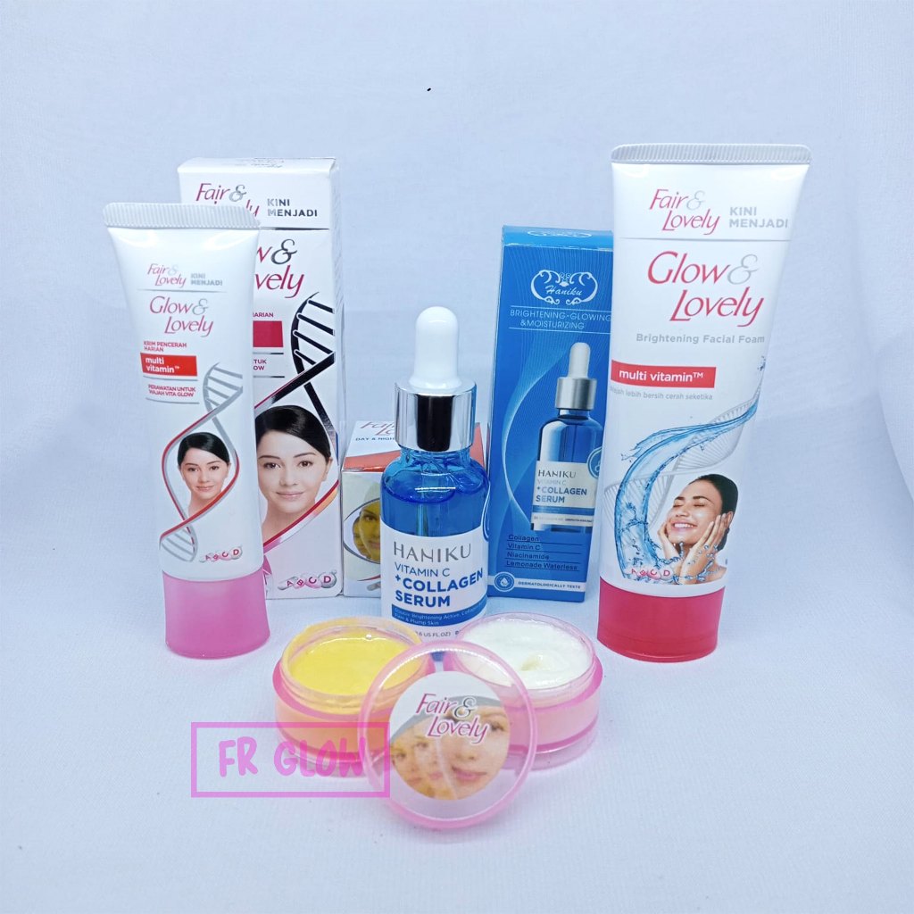 Paket Cantik 4in1 Fair &amp; Lovely Plus Serum Korea Haniku BPOM ( Facial Foam - Pelembab - Cream Siang Malam - Serum Biru )