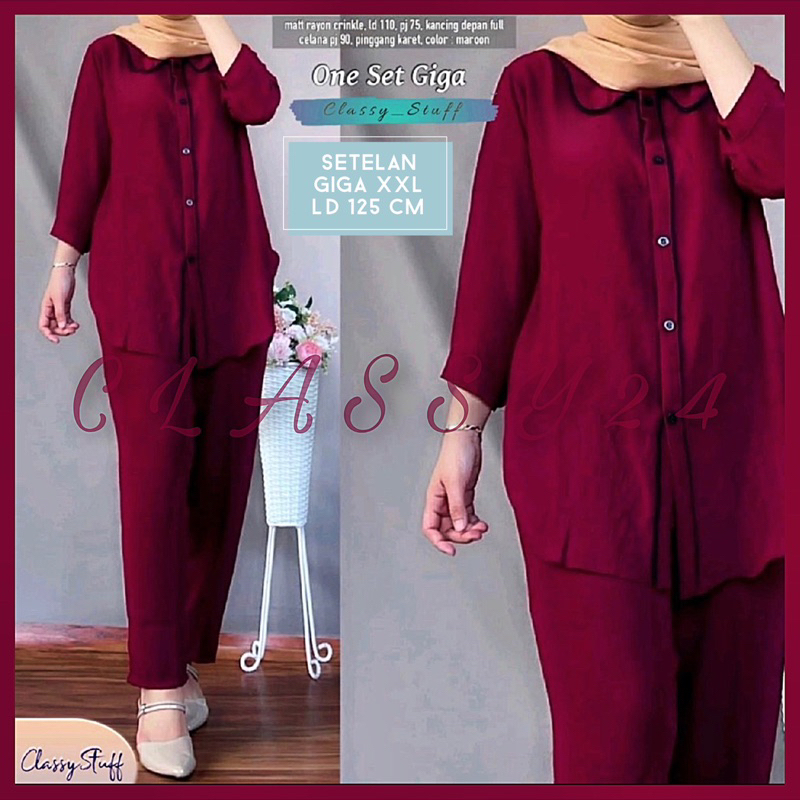 SETELAN WANITA KEKINIAN / ONESET POLOS CRINKLE GIGA SET SUPER JUMBO XXL LD 125 ONESET SETCEL WAKA CR