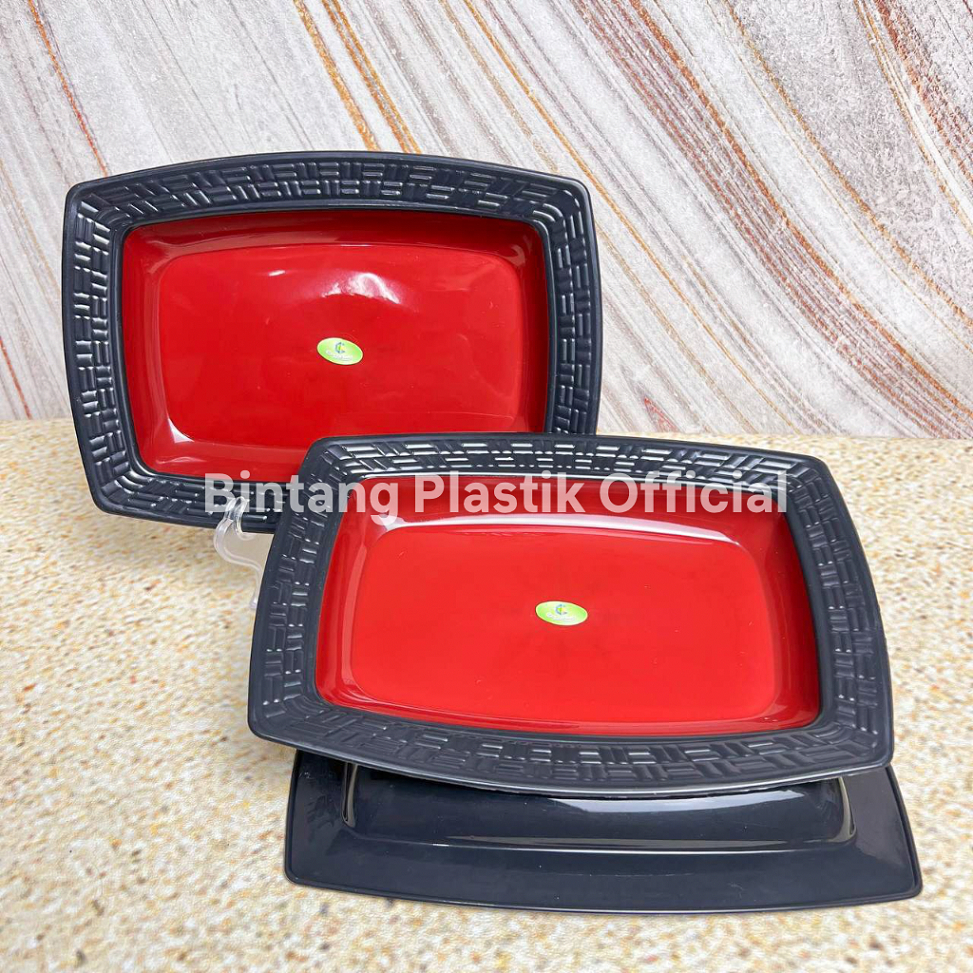 (6 PCS) LODOR PLASTIK SERIES RAMEN | PIRING SAJIAN MAKANAN PANJANG UKURAN BESAR DAN KECIL MERAH HITA