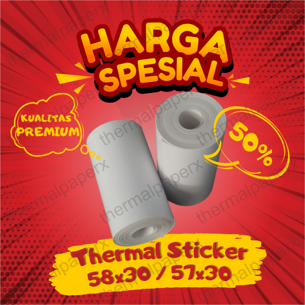 

STIKER LABEL 57X30 58X30 & KERTAS THERMAL MINI PRINTER BLUETOOTH 58MM X 5 METER