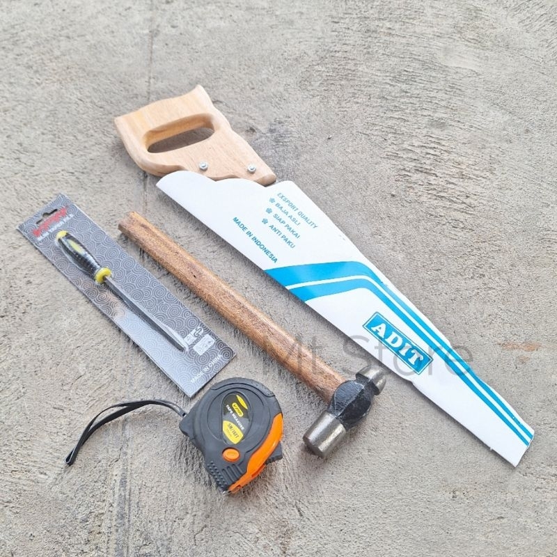 Paket tukang gergaji kayu anti selip baja asli siap pakai- palu konde serbaguna-kikir gergaji dan me