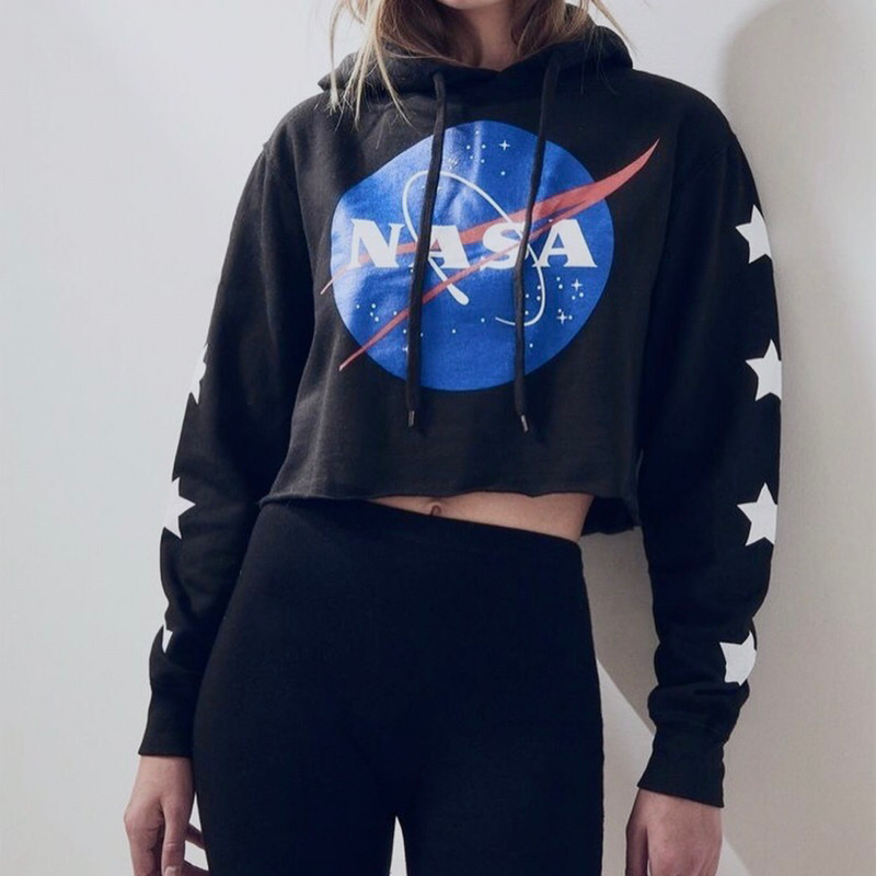 PNB NASA BIG LOGO BLACK CROP TOP HOODIE SWEATER JACKET PULL AND BEAR