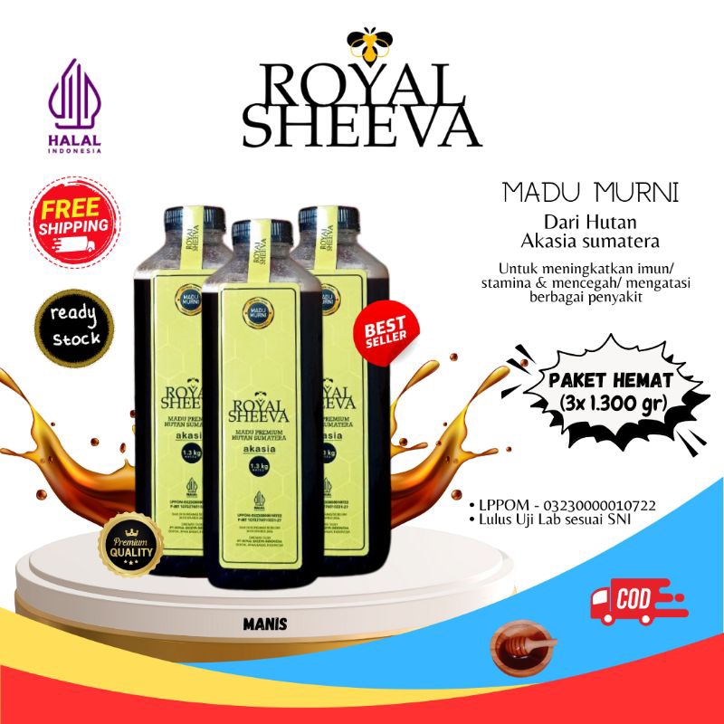 

paket hemat tiga botol 1.300 gr madu murni royal sheeva madu hutan akasia halal mui lulus uji lab