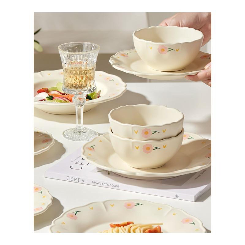 Piring Mangkok Keramik Pastel Motif Bunga Estetik Ala Cafe Hotel Korea / Aesthetic Ceramic Flower