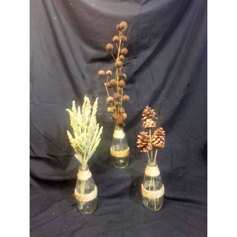 bunga hiasan meja murah satu set +vas botol kaca rami tengah