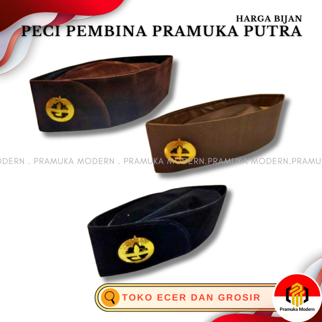 Peci pembina pramuka putra bahan kain dan bludru + pin pembina pramuka putra