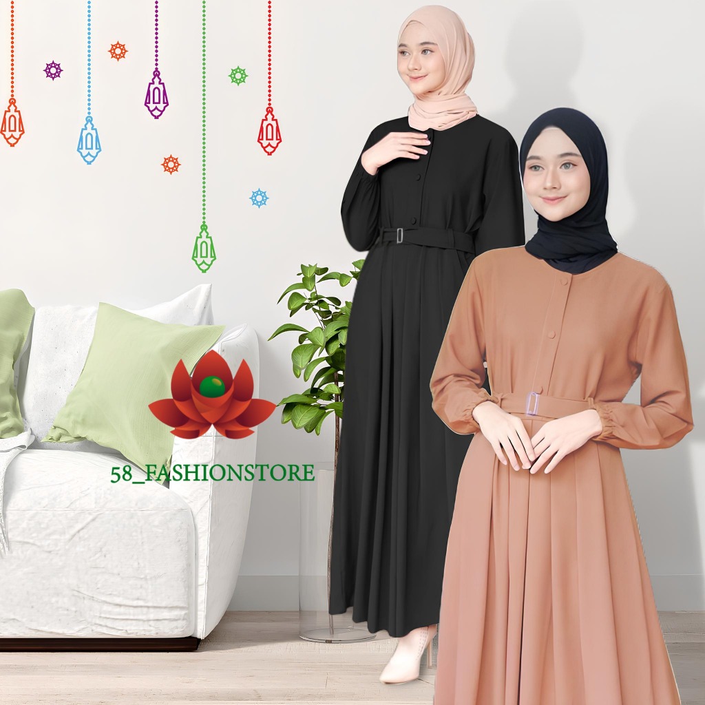 Gamis Hitam Polos Free Belt Dress Remaja Kekinian Maxi Busui Syar'i Daily-1