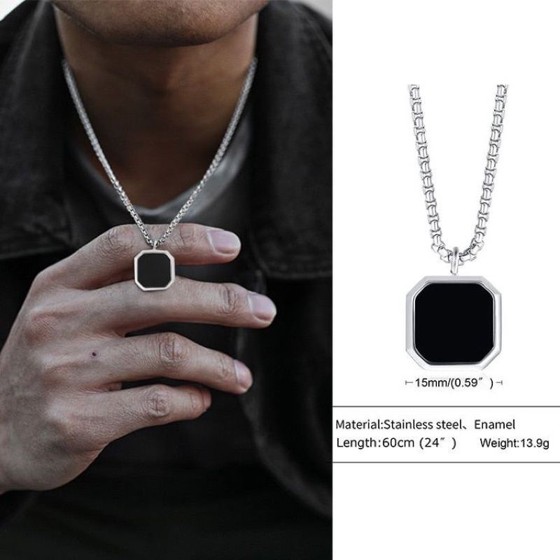 Kalung Liontin Batu Alam hitam Bentuk Kotak Geometris Warna Hitam Gaya Kasual Untuk Pria