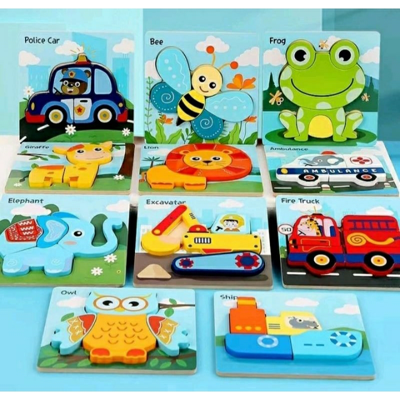 mainan puzzle kayu wooden puzzle binatang transportasi