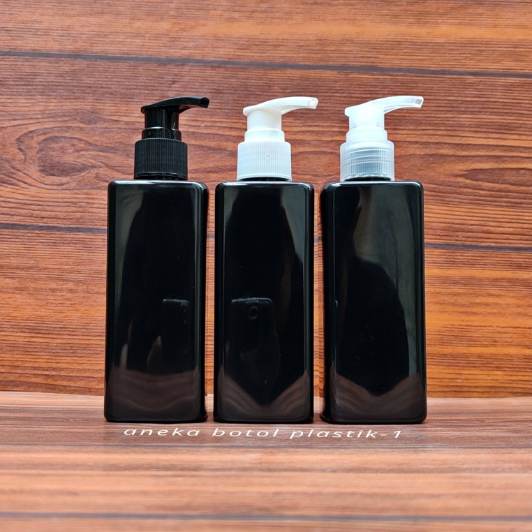 Botol Pump 250ml Kotak Hitam / Botol Kotak 250ml Pet Hitam Glossy / Botol Plastik 250ml Hitam Tutup 