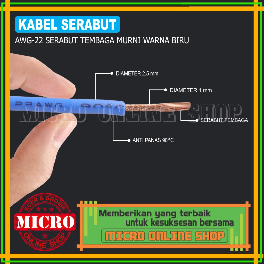 PAKET 3 METER Kabel Serabut AWG-22 Biru / Kabel Kelistrikan Motor Mobil / Kabel AWG Serabut Tembaga