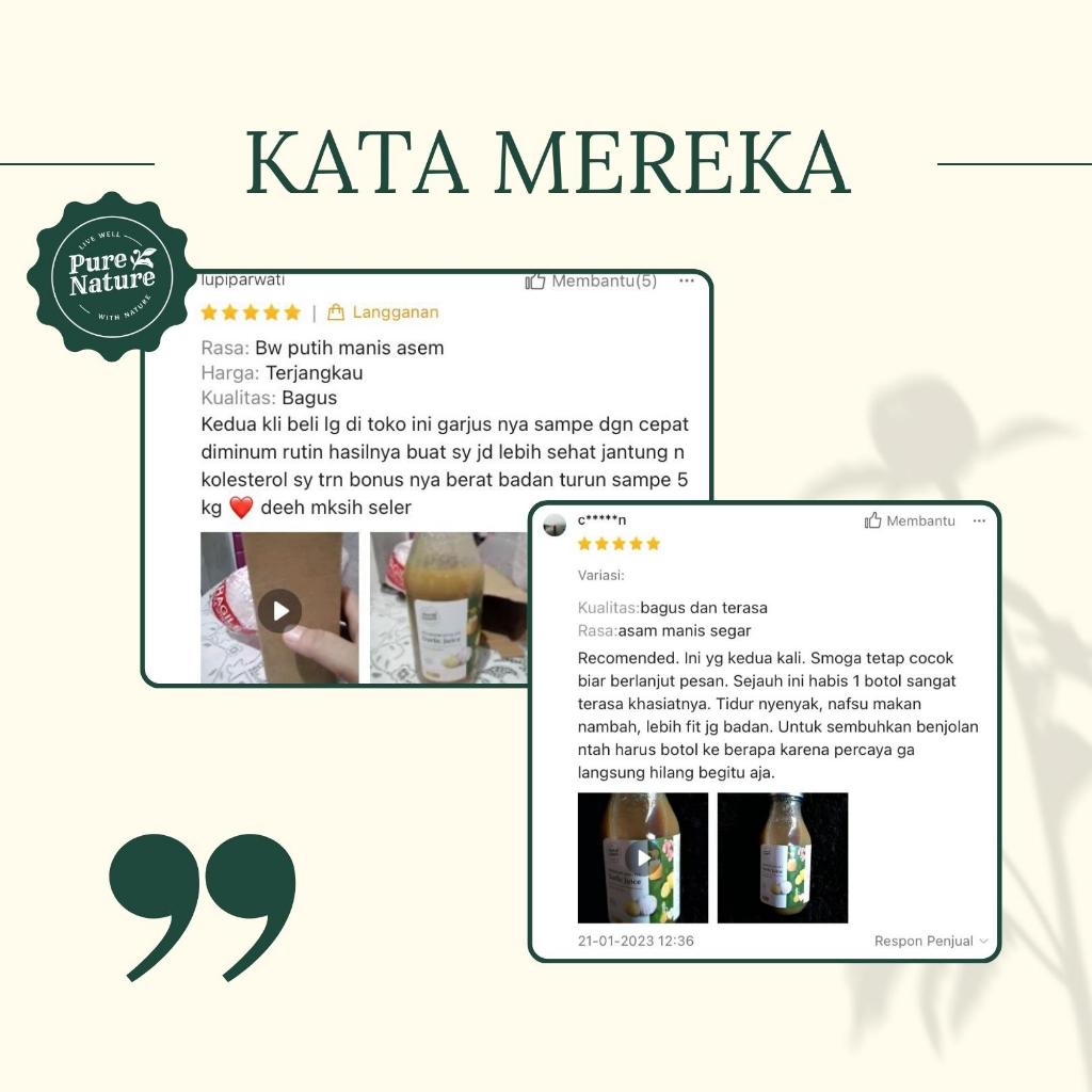 

Ay00! [2 Botol] PureNature Jus Bawang Putih Tunggal Dengan Jahe Merah Lemon Madu Cuka Apel HALAL