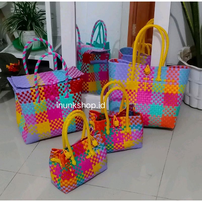 one set tas jali anyaman colorful/Tas belanja jali anyaman