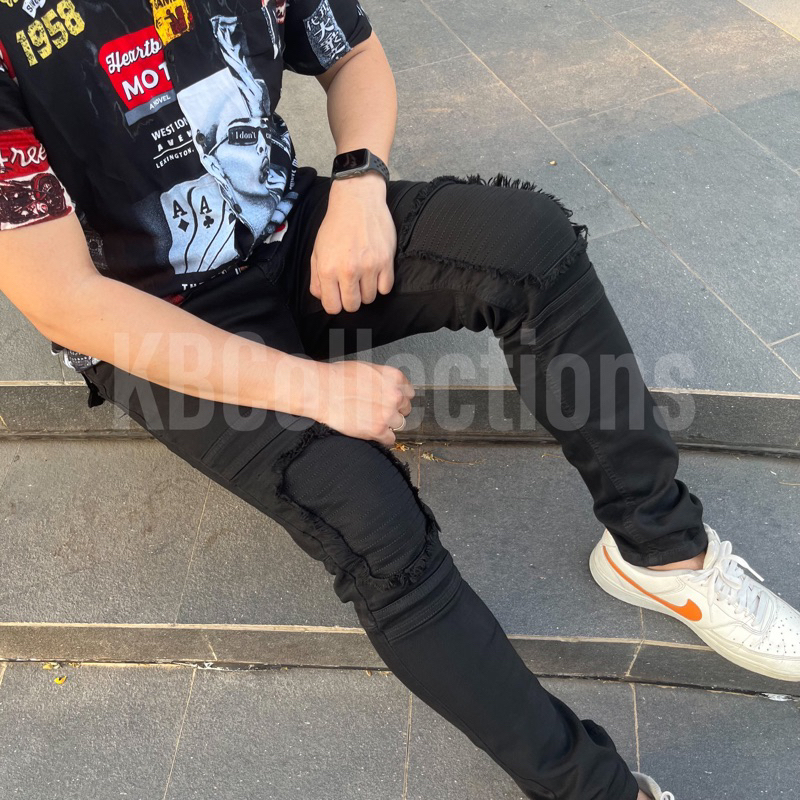 Kbcollections Celana Panjang Biker Jeans Pria Skinny Fit Black & Grey - Celana Denim Biker Premium