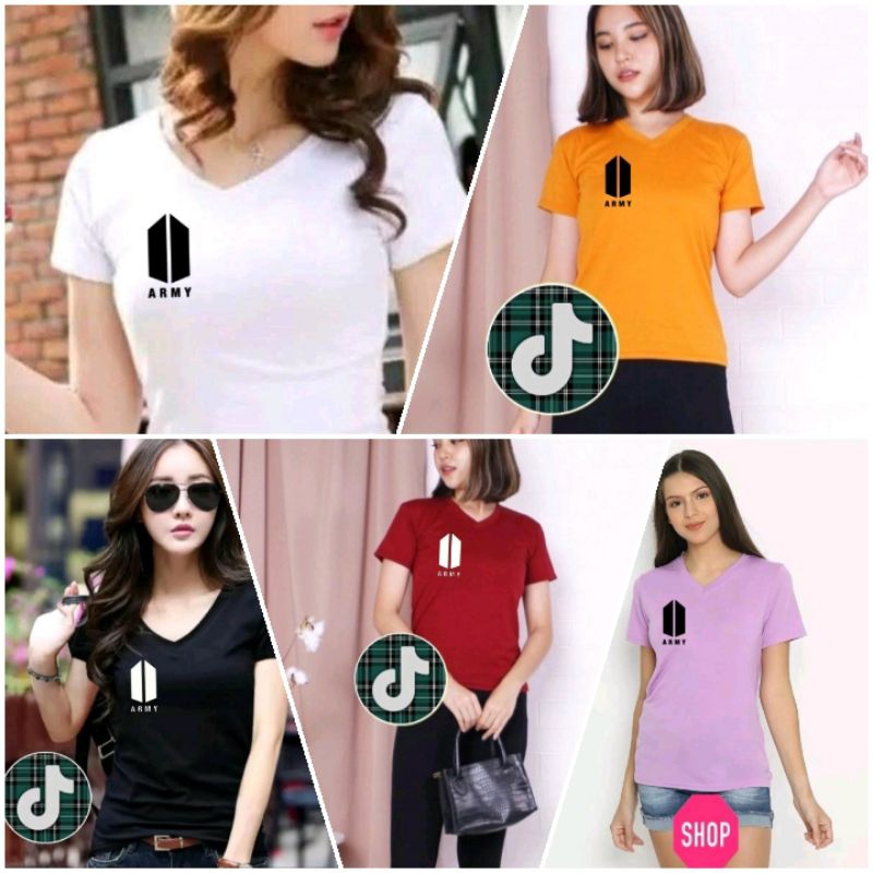Kaos wanita T-shirt, kaos motif V-Neck, Nama bts army, Bahan katun spandek, Sablon DTF