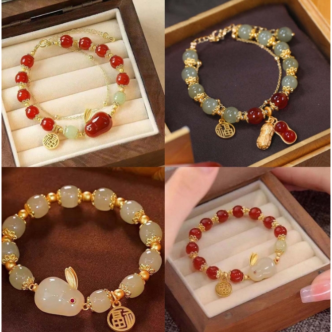 COD Gelang Furui Kelinci Keberuntungan Kacang Merah Kristal Asli Giok Desain Gaya China retro Serbag