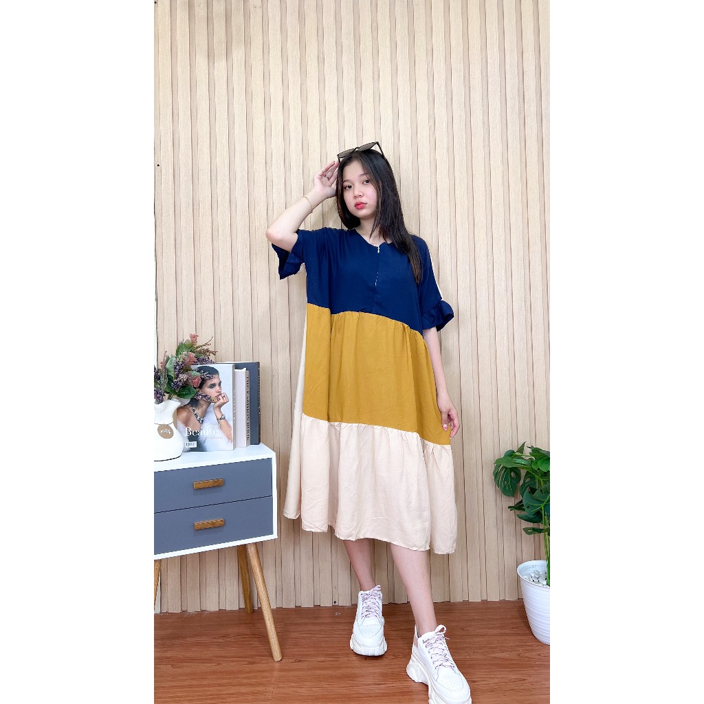 Ice Cream daster dress wanita polos model anak remaja terbaru selutut kombinasi warna aksen tangan r