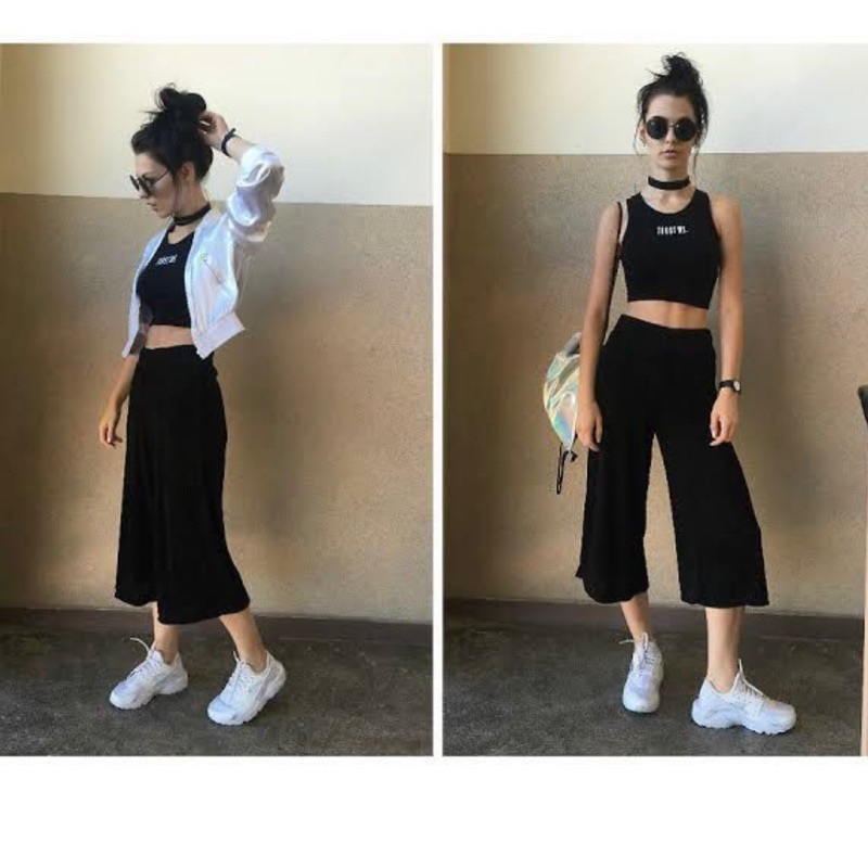 BERSHKA black cullotes ribbed - celana kulot hitam